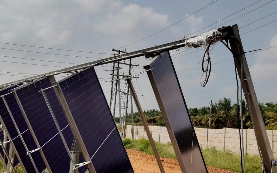 Dual-axis solar tracker panels tilted towards the sun